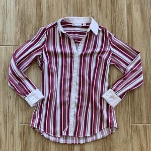 NY&Co white button-down w pink & maroon stripes